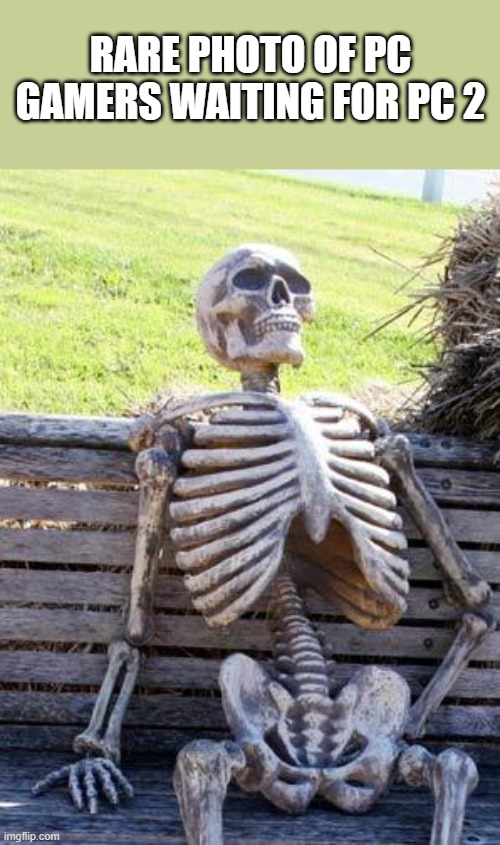 Waiting Skeleton Meme | RARE PHOTO OF PC GAMERS WAITING FOR PC 2 | image tagged in memes,waiting skeleton | made w/ Imgflip meme maker