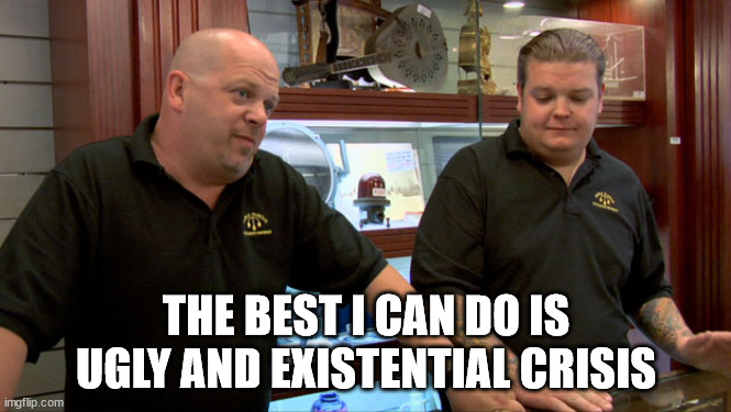 Why is this so hard | THE BEST I CAN DO IS UGLY AND EXISTENTIAL CRISIS | image tagged in pawn stars best i can do | made w/ Imgflip meme maker