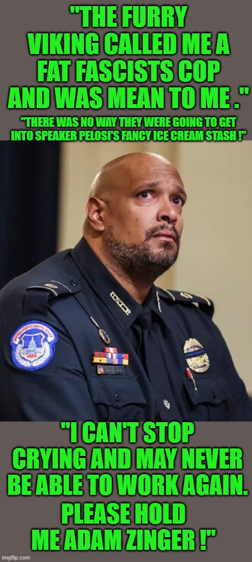 yep | "THE FURRY VIKING CALLED ME A FAT FASCISTS COP AND WAS MEAN TO ME ."; "THERE WAS NO WAY THEY WERE GOING TO GET INTO SPEAKER PELOSI'S FANCY ICE CREAM STASH !"; "I CAN'T STOP CRYING AND MAY NEVER BE ABLE TO WORK AGAIN. PLEASE HOLD ME ADAM ZINGER !" | image tagged in democrats,fascism | made w/ Imgflip meme maker