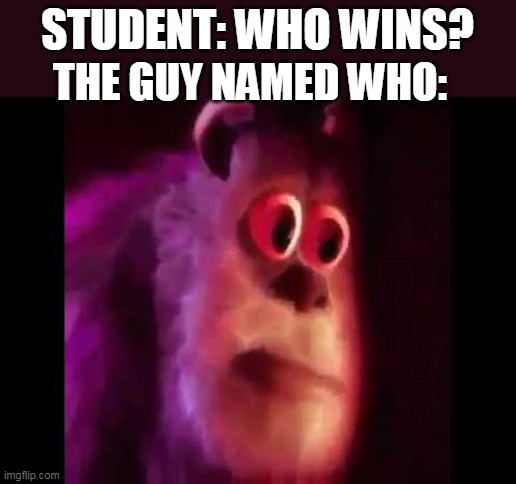 Excuse Me | STUDENT: WHO WINS? THE GUY NAMED WHO: | image tagged in sully groan | made w/ Imgflip meme maker