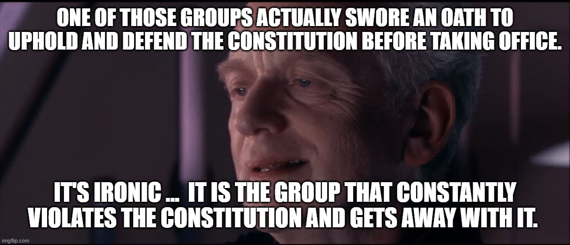 Palpatine Ironic  | ONE OF THOSE GROUPS ACTUALLY SWORE AN OATH TO UPHOLD AND DEFEND THE CONSTITUTION BEFORE TAKING OFFICE. IT'S IRONIC ...  IT IS THE GROUP THAT | image tagged in palpatine ironic | made w/ Imgflip meme maker