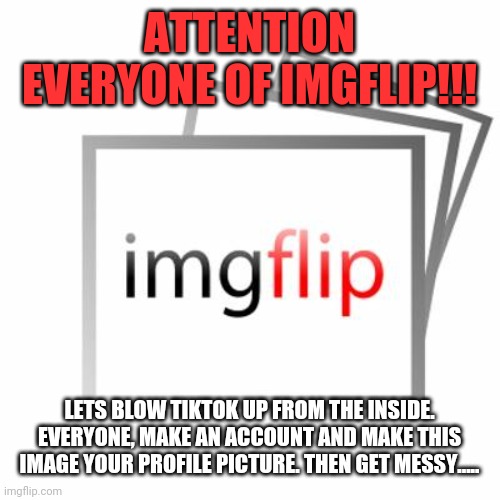 Attention! | ATTENTION EVERYONE OF IMGFLIP!!! LETS BLOW TIKTOK UP FROM THE INSIDE. EVERYONE, MAKE AN ACCOUNT AND MAKE THIS IMAGE YOUR PROFILE PICTURE. THEN GET MESSY..... | image tagged in imgflip | made w/ Imgflip meme maker