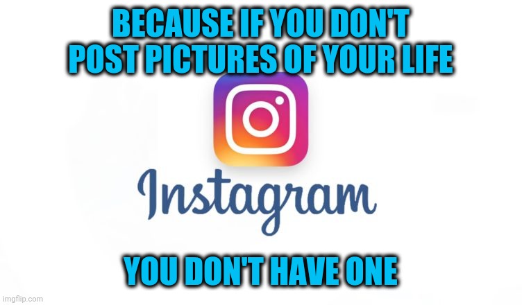 People using IG to try to prove to themselves that they aren't losers -FAIL! | BECAUSE IF YOU DON'T POST PICTURES OF YOUR LIFE; YOU DON'T HAVE ONE | image tagged in instagram | made w/ Imgflip meme maker