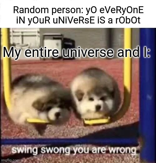 SWING SWONG YOU ARE WRONG | Random person: yO eVeRyOnE iN yOuR uNiVeRsE iS a rObOt; My entire universe and I: | image tagged in swing swong you are wrong,swing,swong,you,are,wrong | made w/ Imgflip meme maker