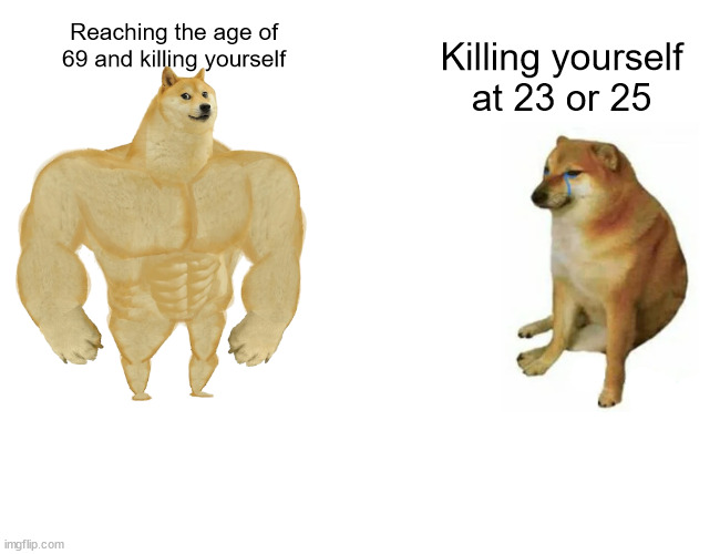 Buff Doge vs. Cheems | Reaching the age of 69 and killing yourself; Killing yourself at 23 or 25 | image tagged in memes,buff doge vs cheems | made w/ Imgflip meme maker