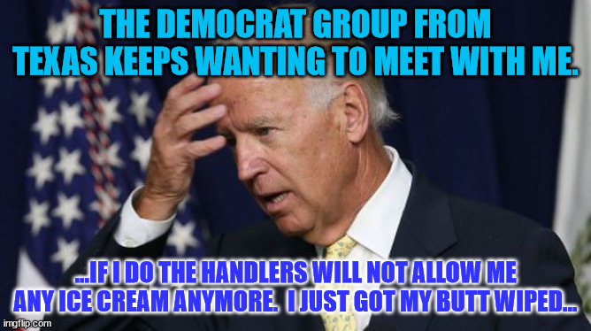 Joe Biden worries | THE DEMOCRAT GROUP FROM TEXAS KEEPS WANTING TO MEET WITH ME. ...IF I DO THE HANDLERS WILL NOT ALLOW ME ANY ICE CREAM ANYMORE.  I JUST GOT MY BUTT WIPED... | image tagged in joe biden worries | made w/ Imgflip meme maker