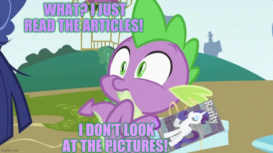 Spike's magazine subscription | WHAT? I JUST READ THE ARTICLES! I DON'T LOOK AT THE PICTURES! | image tagged in spike creeped out,spike,rarity,mlp,wait thats illegal | made w/ Imgflip meme maker