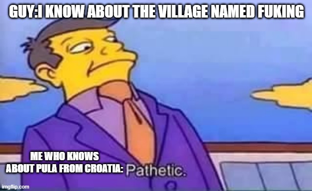 skinner pathetic | GUY:I KNOW ABOUT THE VILLAGE NAMED FUKING; ME WHO KNOWS ABOUT PULA FROM CROATIA: | image tagged in skinner pathetic | made w/ Imgflip meme maker