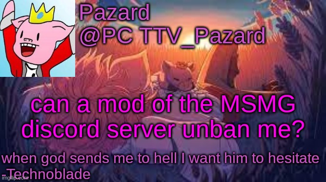 TechnoPazard | can a mod of the MSMG discord server unban me? | image tagged in technopazard | made w/ Imgflip meme maker