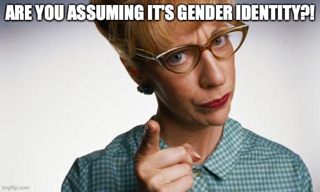 woman finger pointing | ARE YOU ASSUMING IT'S GENDER IDENTITY?! | image tagged in woman finger pointing | made w/ Imgflip meme maker