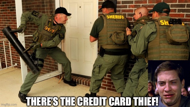 FBI open up | THERE’S THE CREDIT CARD THIEF! | image tagged in fbi open up | made w/ Imgflip meme maker