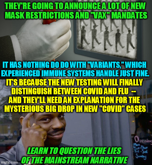 The scam is starting to get that obvious.  It's amazing to watch people be fooled so easily by whatever they hear on TV  :-/ | THEY'RE GOING TO ANNOUNCE A LOT OF NEW 
MASK RESTRICTIONS AND "VAX" MANDATES; IT HAS NOTHING DO DO WITH "VARIANTS," WHICH 
EXPERIENCED IMMUNE SYSTEMS HANDLE JUST FINE. IT'S BECAUSE THE NEW TESTING WILL FINALLY 
DISTINGUISH BETWEEN COVID AND FLU  --  
AND THEY'LL NEED AN EXPLANATION FOR THE 
MYSTERIOUS BIG DROP IN NEW "COVID" CASES; LEARN TO QUESTION THE LIES OF THE MAINSTREAM NARRATIVE | image tagged in global pandemic,covid-19,coronavirus,cdc fraud,vaccine mandate,face masks | made w/ Imgflip meme maker