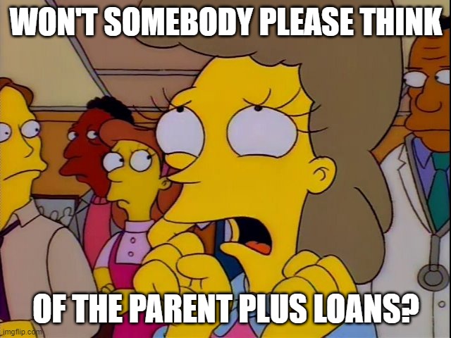 Won't Somebody Please Think of the Children | WON'T SOMEBODY PLEASE THINK; OF THE PARENT PLUS LOANS? | image tagged in won't somebody please think of the children | made w/ Imgflip meme maker