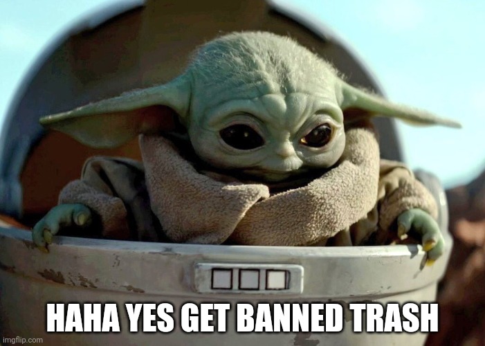 Baby Yoda haha yes | HAHA YES GET BANNED TRASH | image tagged in baby yoda haha yes | made w/ Imgflip meme maker