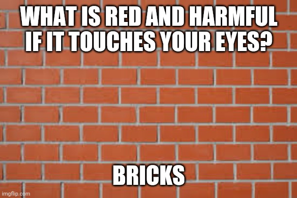 Bricks hurt | WHAT IS RED AND HARMFUL IF IT TOUCHES YOUR EYES? BRICKS | image tagged in brick wall,dark humor,funny,eyes | made w/ Imgflip meme maker
