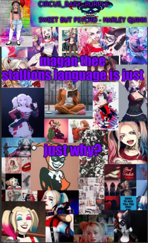 Harley Quinn temp bc why not | magan thee stallions language is just; just why? | image tagged in harley quinn temp bc why not | made w/ Imgflip meme maker