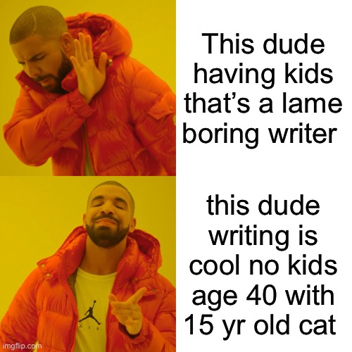 Drake Hotline Bling | This dude having kids that’s a lame boring writer; this dude writing is cool no kids age 40 with 15 yr old cat | image tagged in memes,drake hotline bling | made w/ Imgflip meme maker