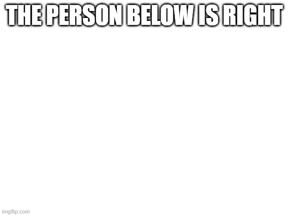 Blank White Template | THE PERSON BELOW IS RIGHT | image tagged in blank white template | made w/ Imgflip meme maker