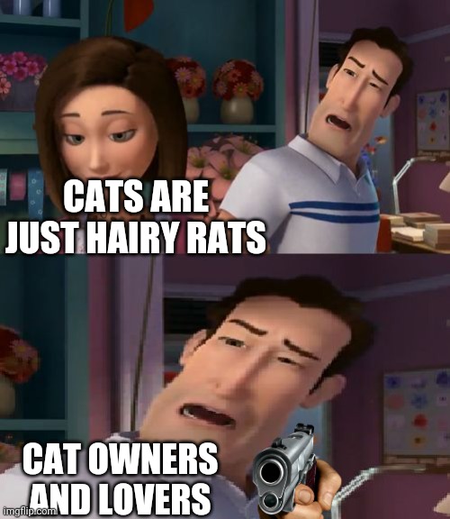 Cat lover | CATS ARE JUST HAIRY RATS; CAT OWNERS AND LOVERS | image tagged in i'm helping him sue the human | made w/ Imgflip meme maker