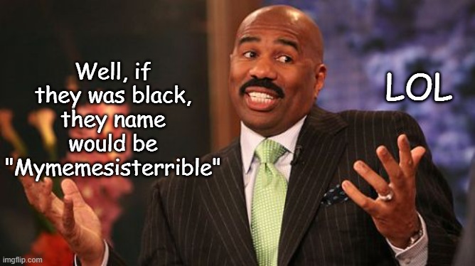 Steve Harvey Meme | Well, if they was black, they name would be "Mymemesisterrible" LOL | image tagged in memes,steve harvey | made w/ Imgflip meme maker