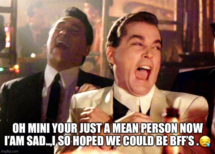Good Fellas Hilarious Meme | OH MINI YOUR JUST A MEAN PERSON NOW I’AM SAD..,I SO HOPED WE COULD BE BFF’S .? | image tagged in memes,good fellas hilarious | made w/ Imgflip meme maker