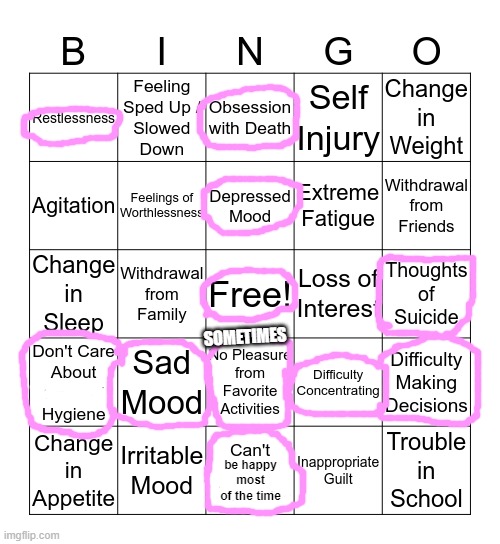 I AM VERY DEPRESSED NOW WHY DID WHITTY MOD HAVE TO BE DELETED | SOMETIMES; be happy most of the time | image tagged in depression bingo 1 | made w/ Imgflip meme maker