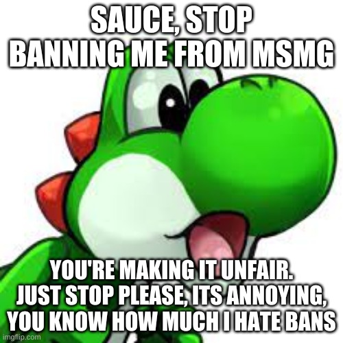 i've been banned for 5 years guys why would you do this to me | SAUCE, STOP BANNING ME FROM MSMG; YOU'RE MAKING IT UNFAIR. JUST STOP PLEASE, ITS ANNOYING, YOU KNOW HOW MUCH I HATE BANS | image tagged in yoshi pog | made w/ Imgflip meme maker