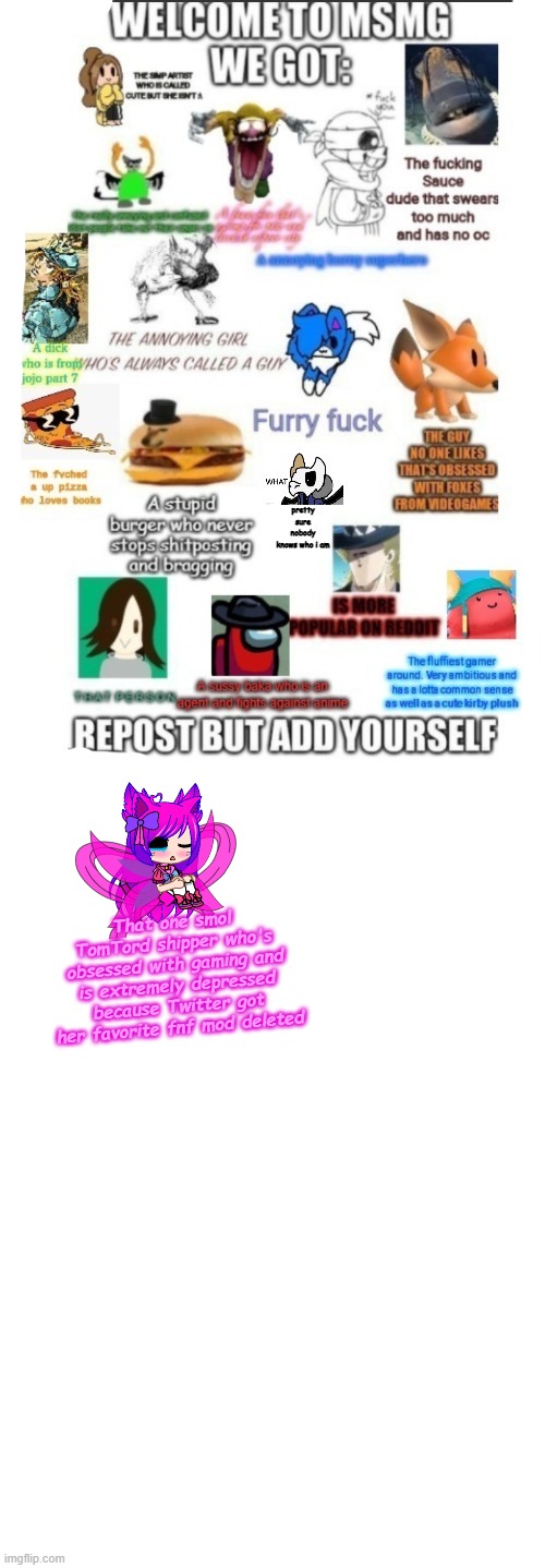 added space and yes i decided to slap myself in | That one smol TomTord shipper who's obsessed with gaming and is extremely depressed because Twitter got her favorite fnf mod deleted | made w/ Imgflip meme maker