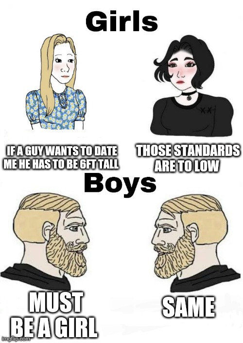 Girls vs Boys | IF A GUY WANTS TO DATE ME HE HAS TO BE 6FT TALL; THOSE STANDARDS ARE TO LOW; SAME; MUST BE A GIRL | image tagged in girls vs boys,boys vs girls | made w/ Imgflip meme maker