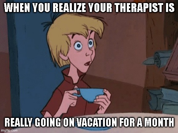 vacation | WHEN YOU REALIZE YOUR THERAPIST IS; REALLY GOING ON VACATION FOR A MONTH | image tagged in vacation | made w/ Imgflip meme maker