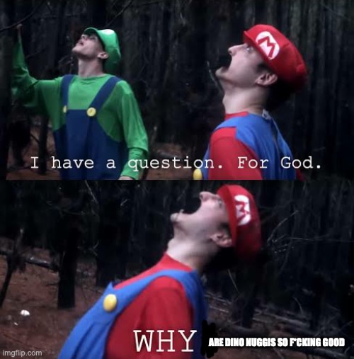 I have one question for god why | ARE DINO NUGGIS SO F*CKING GOOD | image tagged in i have one question for god why | made w/ Imgflip meme maker