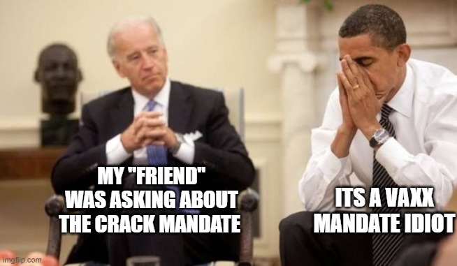 Asking for a friend... | ITS A VAXX MANDATE IDIOT; MY "FRIEND" WAS ASKING ABOUT THE CRACK MANDATE | made w/ Imgflip meme maker