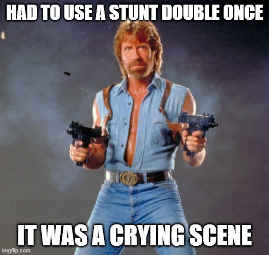 chuck cry |  HAD TO USE A STUNT DOUBLE ONCE; IT WAS A CRYING SCENE | image tagged in memes,chuck norris guns,chuck norris | made w/ Imgflip meme maker