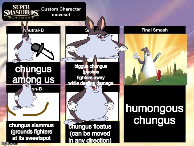 part 3 of big chungus for smash (also submitted it in gaming because no more submissions for fun) | biggus chungus (pushes fighters away while dealing damage; chungus among us; humongous chungus; chungus slammus (grounds fighters at its sweetspot; chungus floatus (can be moved in any direction) | image tagged in super smash bros ultimate custom character moveset | made w/ Imgflip meme maker