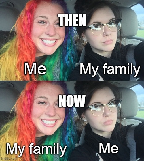 This is the average family of a memer. |  THEN; Me; My family; NOW; Me; My family | image tagged in rainbow girl and goth girl | made w/ Imgflip meme maker