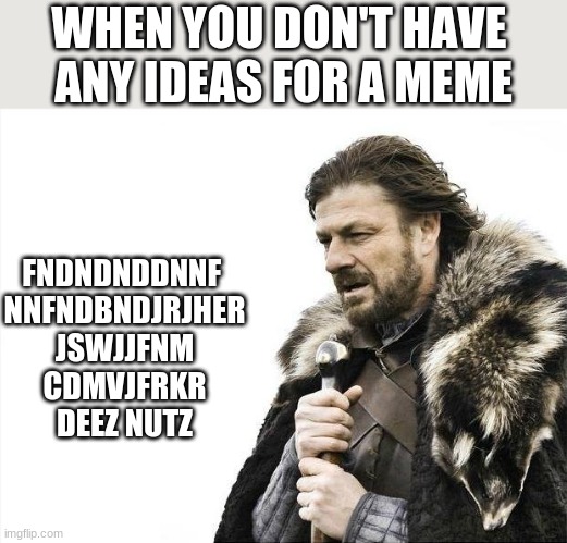 fesnjiesnjdnfjef | WHEN YOU DON'T HAVE 
ANY IDEAS FOR A MEME; FNDNDNDDNNF 
NNFNDBNDJRJHER
 JSWJJFNM 
CDMVJFRKR

DEEZ NUTZ | image tagged in memes,brace yourselves x is coming | made w/ Imgflip meme maker