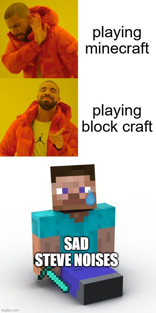 playing minecraft; playing block craft; SAD STEVE NOISES | image tagged in memes,drake hotline bling | made w/ Imgflip meme maker