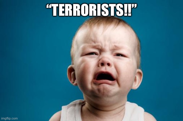 crybaby | “TERRORISTS!!” | image tagged in crybaby | made w/ Imgflip meme maker