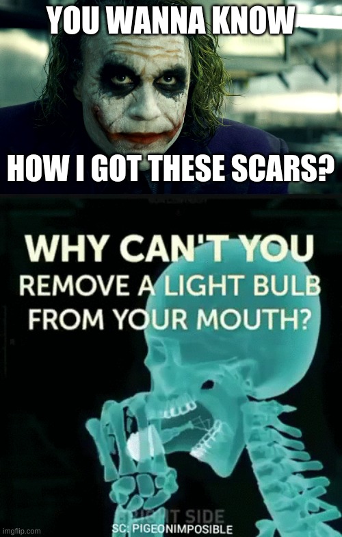 Lightbulb Scars | YOU WANNA KNOW; HOW I GOT THESE SCARS? | image tagged in wanna know how i got these scars | made w/ Imgflip meme maker
