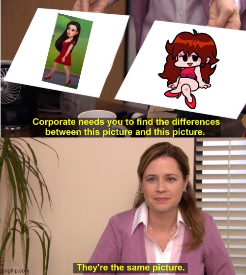 girl in homescapes ad looks like GF from Friday Night Funkin' | image tagged in memes,they're the same picture,girlfriend,friday night funkin | made w/ Imgflip meme maker