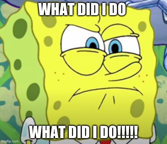 w h a t d i d i do? | WHAT DID I DO; WHAT DID I DO!!!!! | image tagged in pissed off spongebob | made w/ Imgflip meme maker