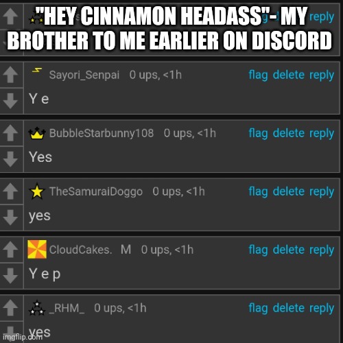 .-. | "HEY CINNAMON HEADASS"- MY BROTHER TO ME EARLIER ON DISCORD | image tagged in lots of yes need i say more | made w/ Imgflip meme maker