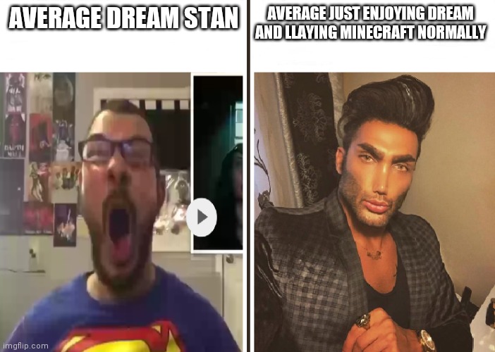 Dream stans should chill | AVERAGE DREAM STAN; AVERAGE JUST ENJOYING DREAM AND LLAYING MINECRAFT NORMALLY | image tagged in average fan vs average enjoyer,dream smp | made w/ Imgflip meme maker