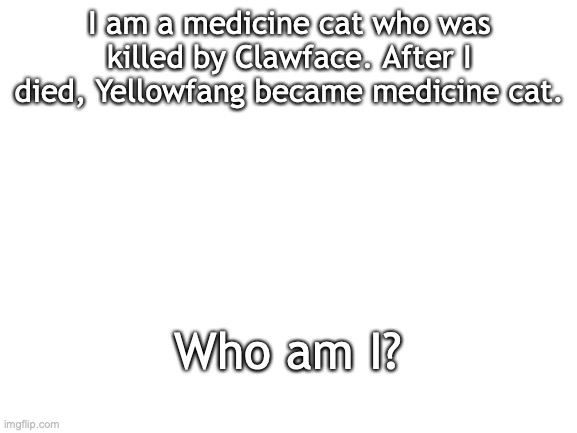 answer in the comments | I am a medicine cat who was killed by Clawface. After I died, Yellowfang became medicine cat. Who am I? | image tagged in blank white template | made w/ Imgflip meme maker