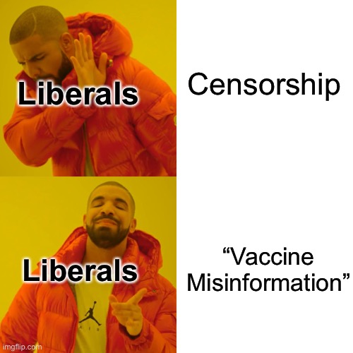 Liberals and censorship | Censorship; Liberals; “Vaccine Misinformation”; Liberals | image tagged in memes,drake hotline bling | made w/ Imgflip meme maker