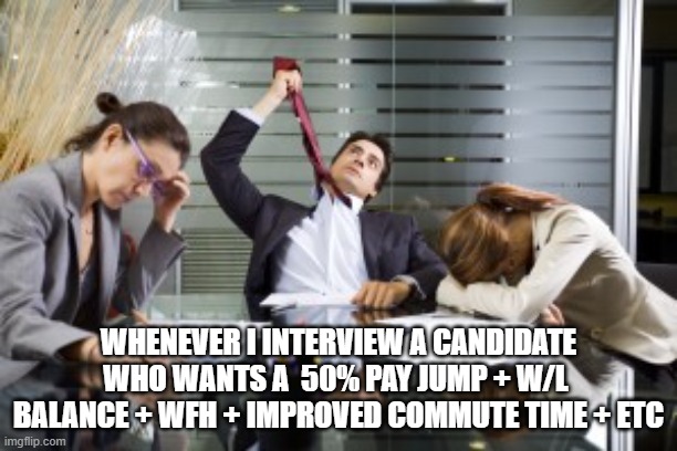 Interviewing Entitled Candidates | WHENEVER I INTERVIEW A CANDIDATE WHO WANTS A  50% PAY JUMP + W/L  BALANCE + WFH + IMPROVED COMMUTE TIME + ETC | image tagged in work meetings | made w/ Imgflip meme maker