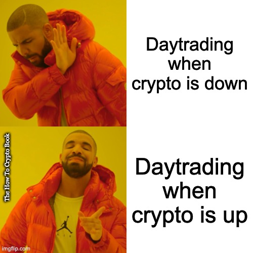Daytrading Drake | Daytrading when crypto is down; Daytrading when crypto is up; The How To Crypto Book | image tagged in memes,drake hotline bling,cryptocurrency,crypto | made w/ Imgflip meme maker