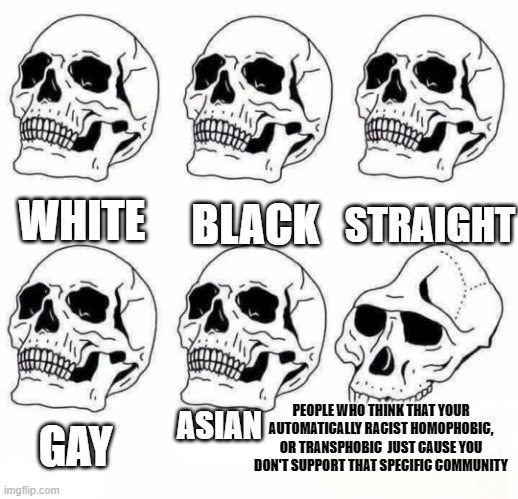 Let me support whatever tf i want whenever tf i want. | WHITE; STRAIGHT; BLACK; ASIAN; GAY; PEOPLE WHO THINK THAT YOUR AUTOMATICALLY RACIST HOMOPHOBIC, OR TRANSPHOBIC  JUST CAUSE YOU DON'T SUPPORT THAT SPECIFIC COMMUNITY | image tagged in idiot skull meme | made w/ Imgflip meme maker