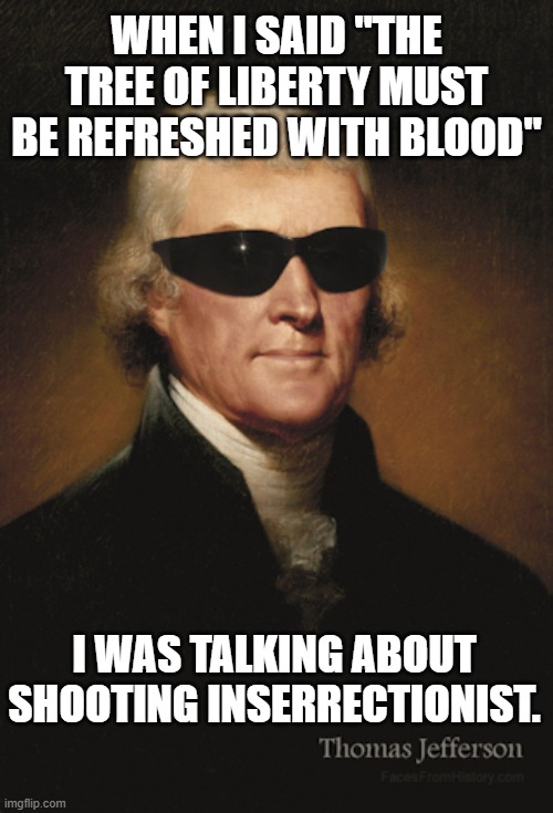 Thomas Jefferson  | WHEN I SAID "THE TREE OF LIBERTY MUST BE REFRESHED WITH BLOOD"; I WAS TALKING ABOUT SHOOTING INSERRECTIONIST. | image tagged in thomas jefferson | made w/ Imgflip meme maker