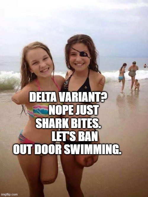 Memes, amputated girls, shark bite survivors | DELTA VARIANT?      NOPE JUST SHARK BITES.       LET'S BAN OUT DOOR SWIMMING. | image tagged in memes amputated girls shark bite survivors | made w/ Imgflip meme maker